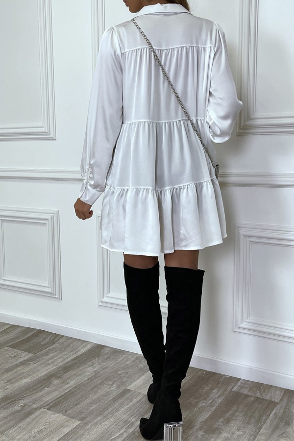 Robe chemise blanche satinée à volant - 6