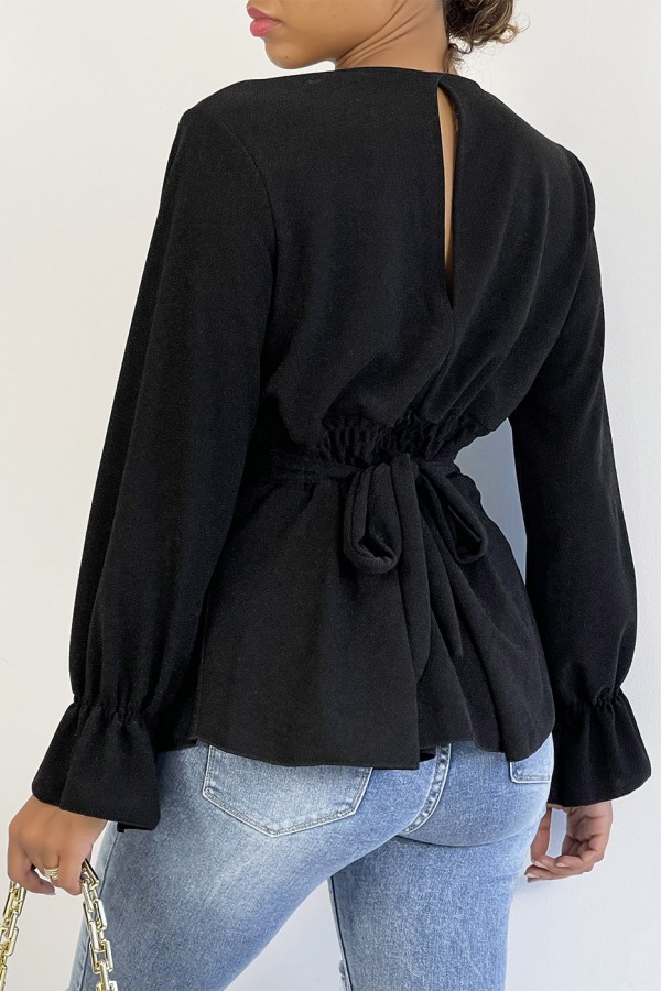 Blouse cache-coeur pailletée noire à volants - 4