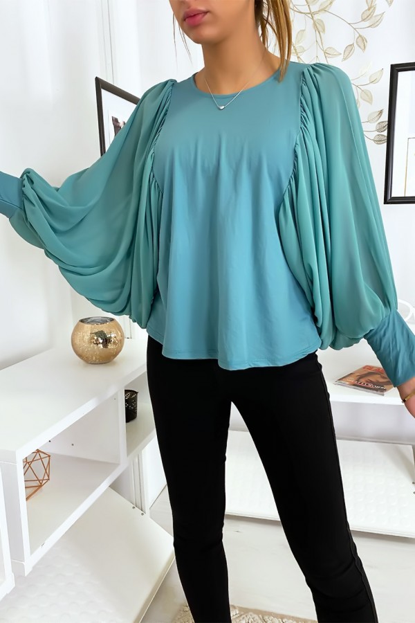 Jolie blouse turquoise à manches drapées - 1