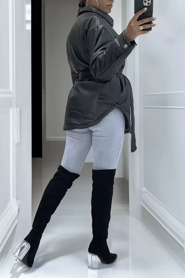 Manteau noir mi long asymétrique simili cuir avec ceinture à la taille - 1