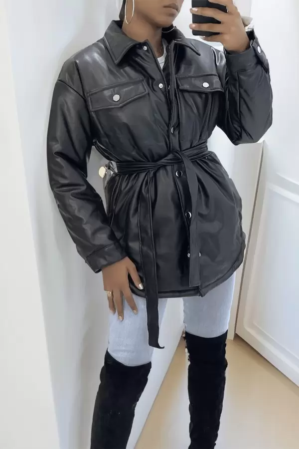 Manteau noir mi long asymétrique simili cuir avec ceinture à la taille - 2