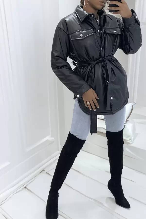 Manteau noir mi long asymétrique simili cuir avec ceinture à la taille - 3