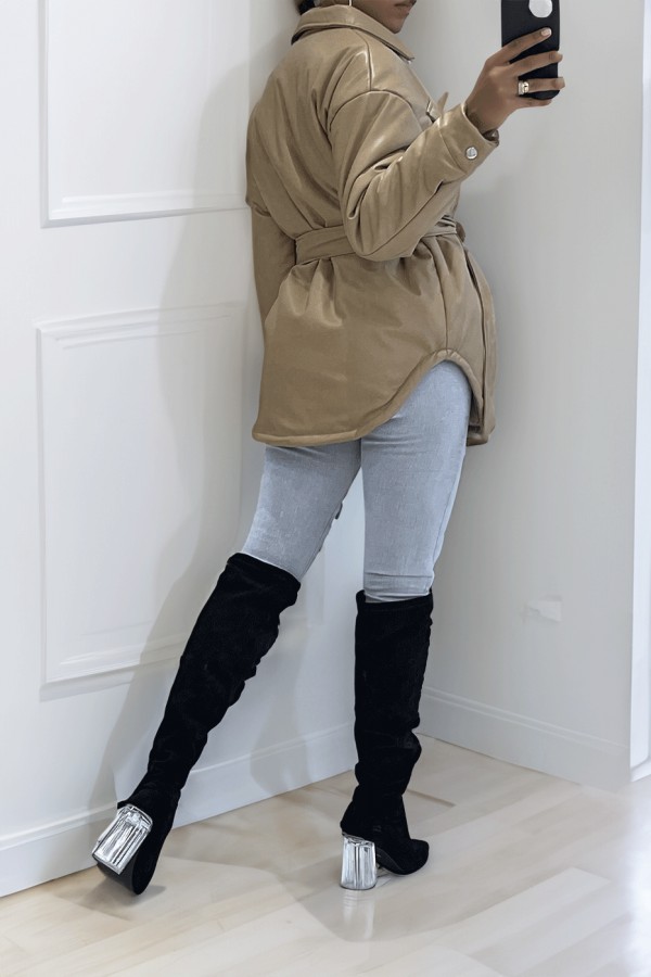 Manteau taupe mi long asymétrique simili cuir avec ceinture à la taille - 2