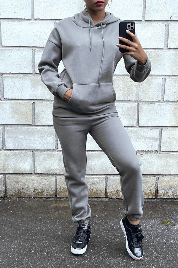 Ensemble 3 pièces doudoune sweat et jogging super épais en kaki - 5