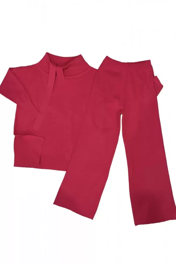 Conjunto de tricot gola alta oversized e calça palazzo fúcsia