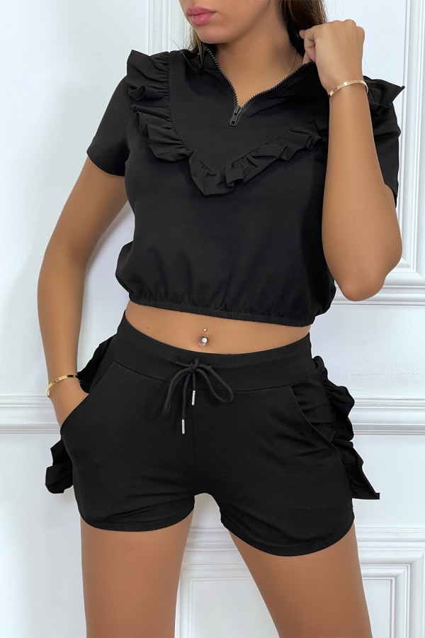 Ensemble noir avec détails volants short à lacet et haut avec zip - 2