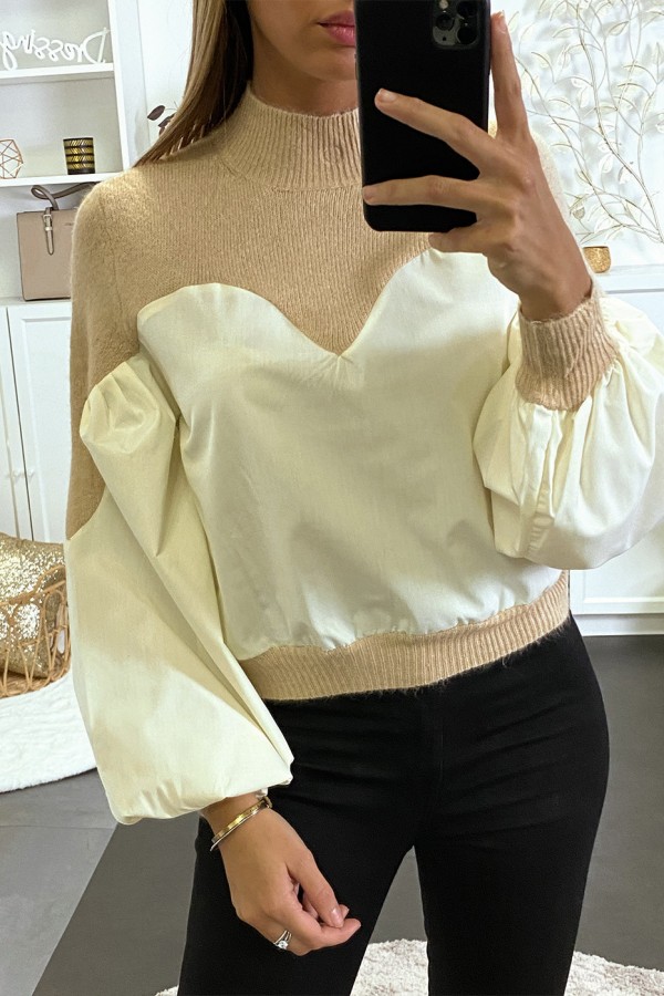 Pull beige bi-matière avec manches bouffante - 5