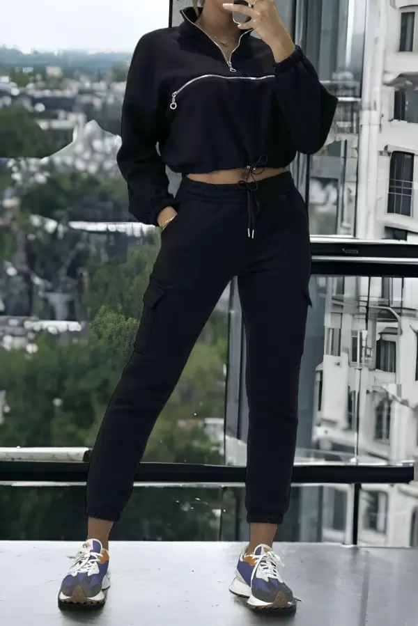 Schwarzes Jogginganzug-Set mit Frontreißverschluss, dickem Sweatshirt