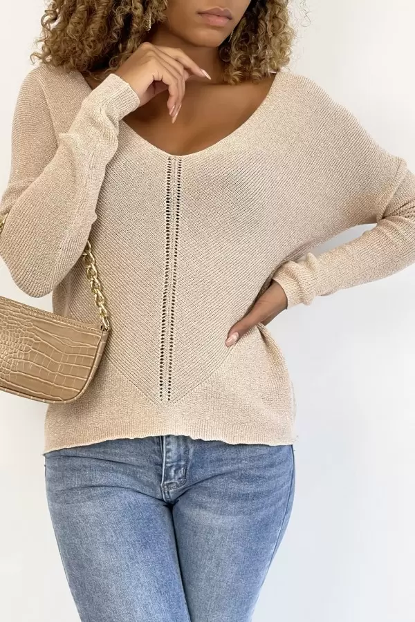 Pull col V rose brillant à détail ligne ajourée