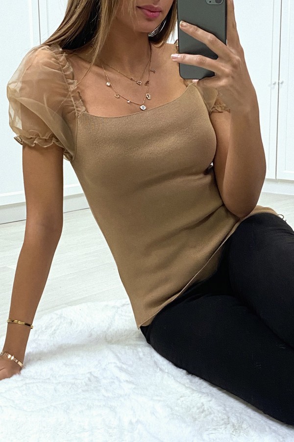 Top moulant taupe a manches bouffantes en tulle - 4