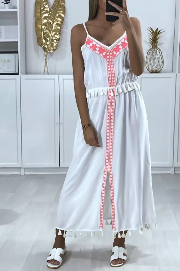 White Maxi Dress with Fuchsia Embroidery and Tassel Trim