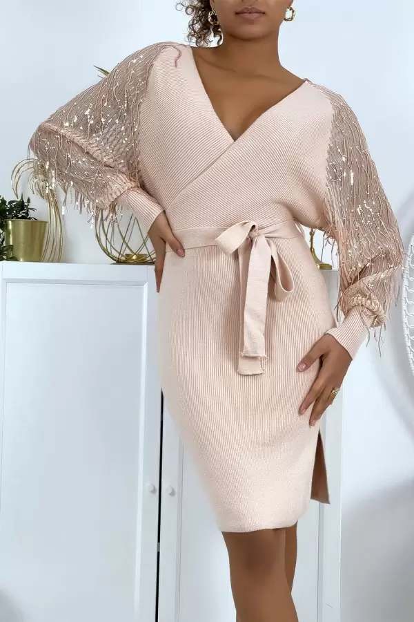 Robe cache-coeur rose gold à manches transparentes à sequins