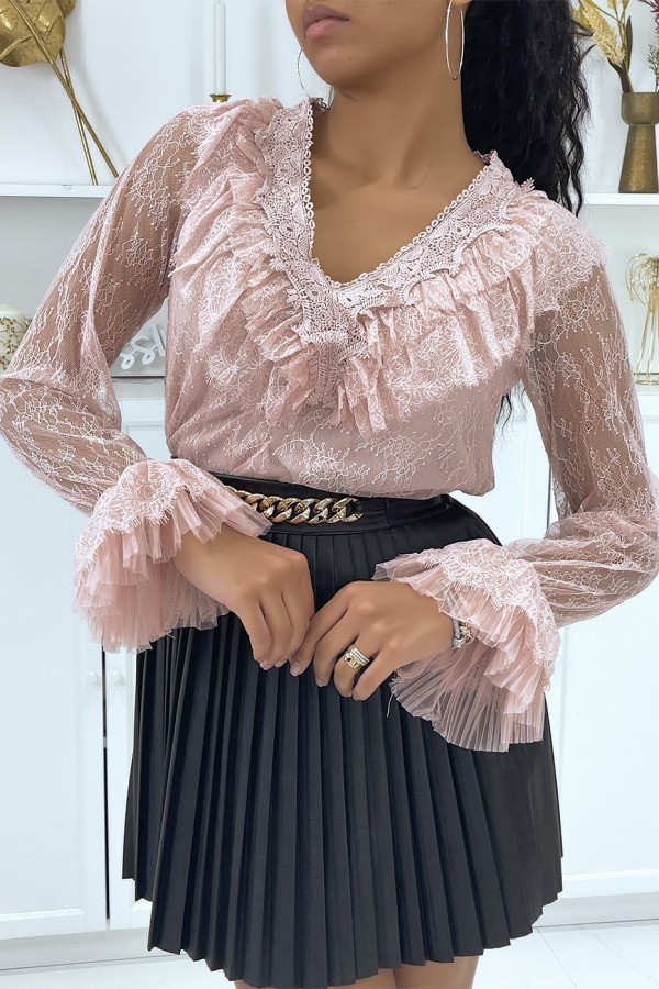 Blouse volantée en dentelle rose - 1