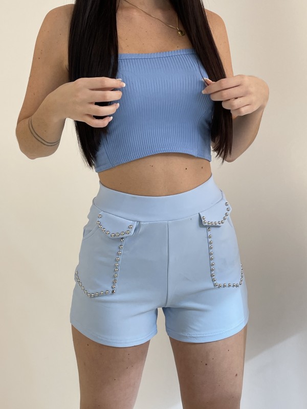 Short taille haute bleu à clous - 1