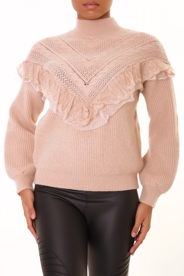 Pull taupe à motif V et détails volants - 1