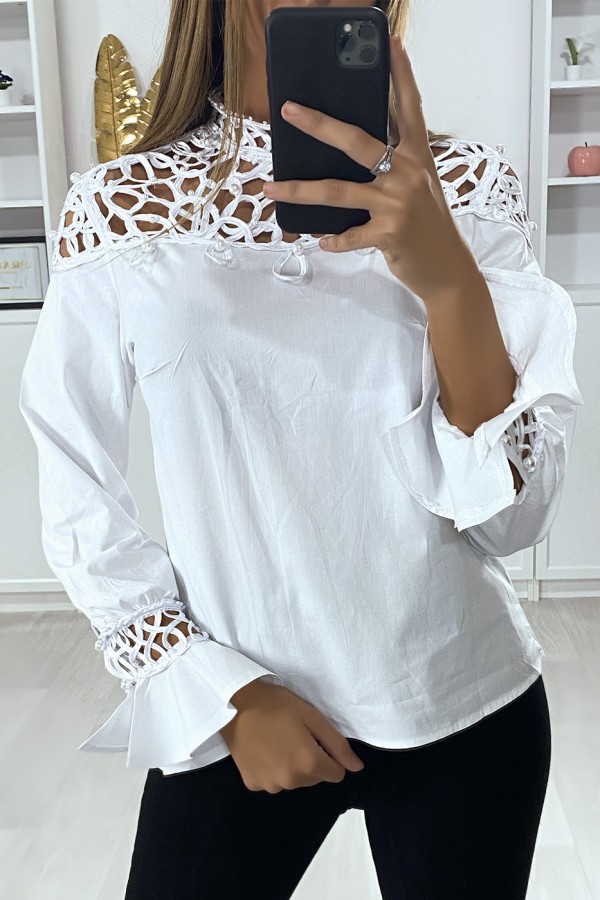 Blouse blanche avec buste motif satiné et perlé - 2