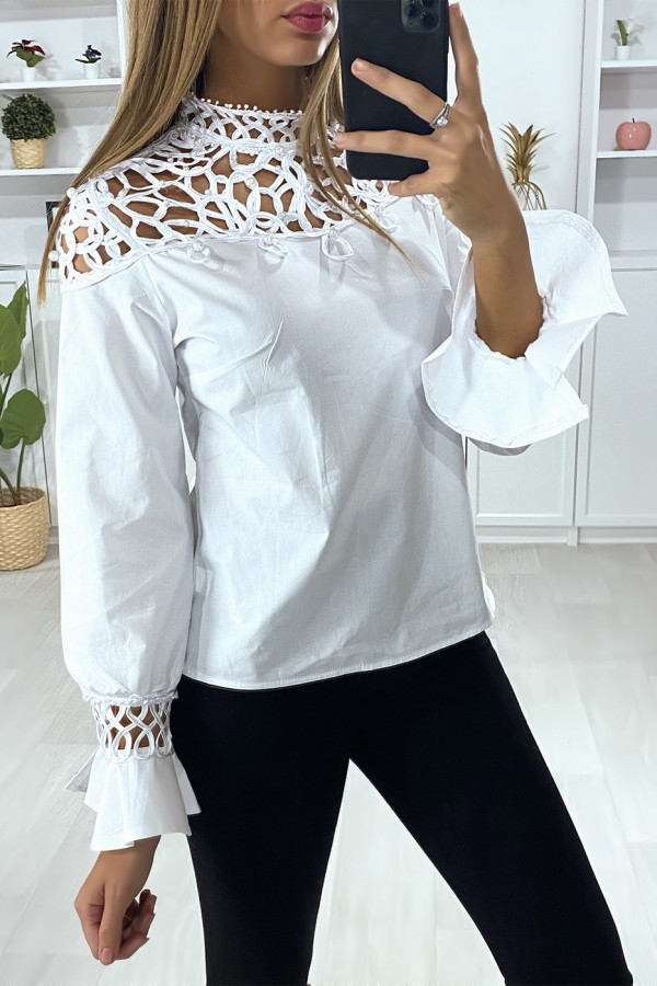 Blouse blanche avec buste motif satiné et perlé - 3