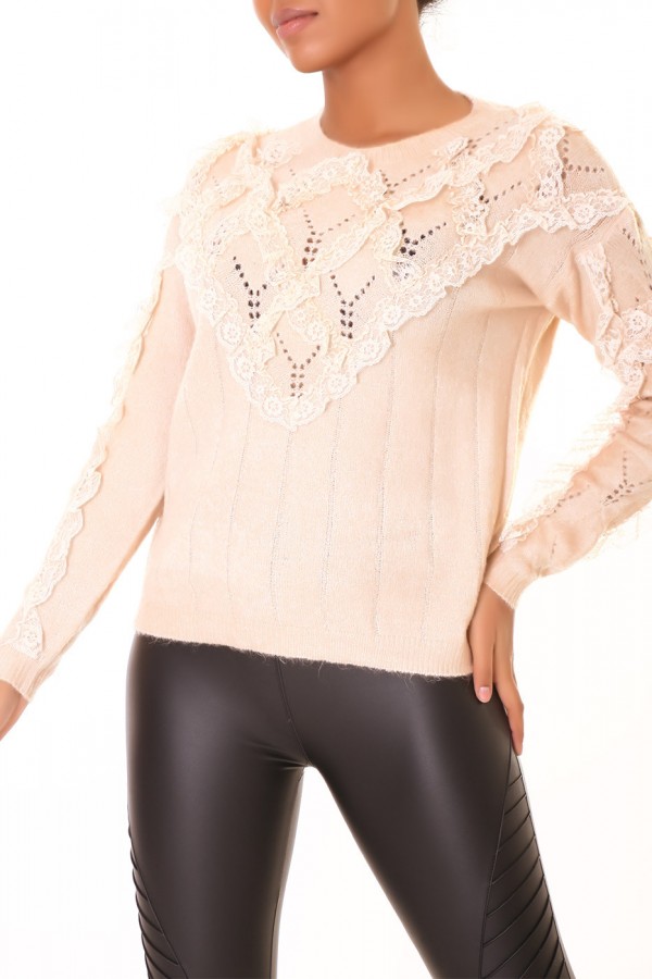 Pull beige à col rond et motif losanges en dentelle - 2