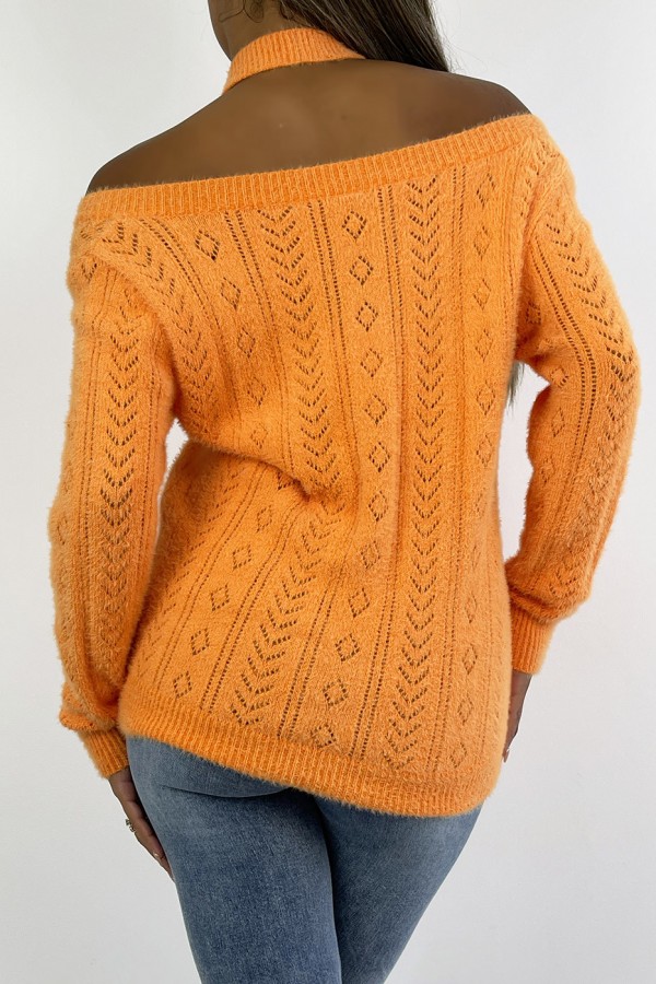 Pull orange vitaminé tout doux à épaules dénudée et détails ajourés pointelle. - 1