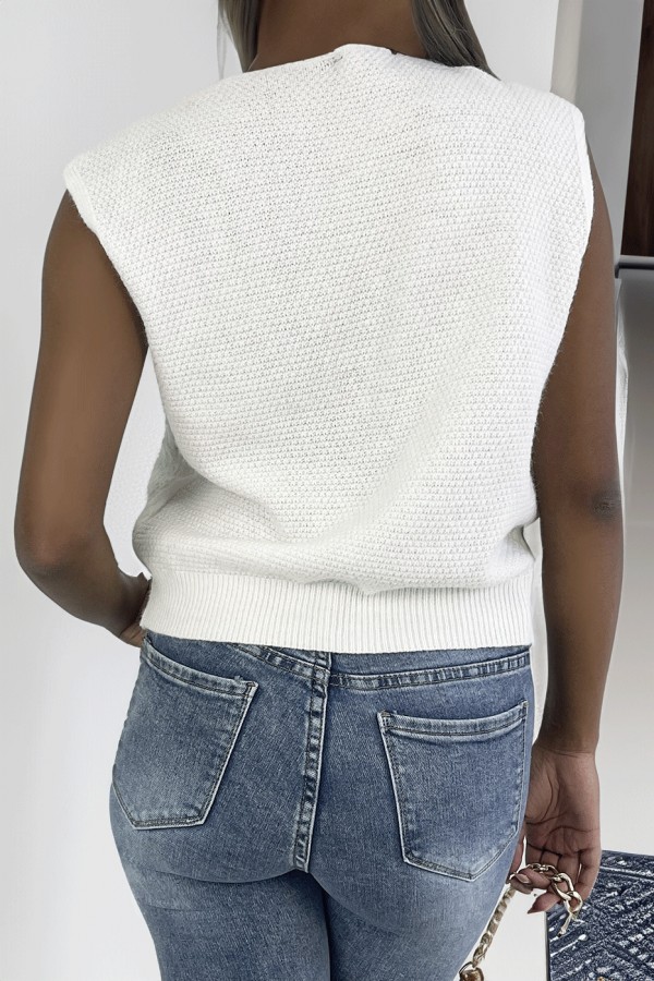 Pull blanc sans manche en col V avec joli motif tressé - 2