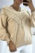 Beige V-Neck Lace Pattern Women's Pullover | $10.92 | OKKO MODE