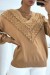 Suéter camel mujer cuello en V con detalle de encaje | 10,92 $ | OKKO MODE