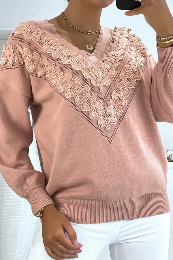 Pull rose pour femme en col V avec motif en dentelle - 3