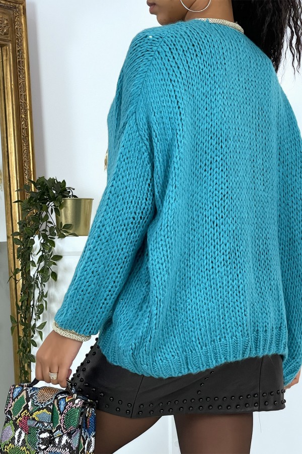 Cardigan turquoise en grosse maille - 4