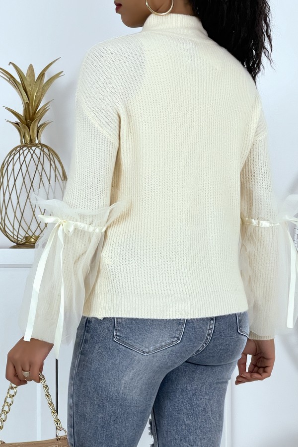 Pull col montant beige à manches bouffantes en tulle - 4