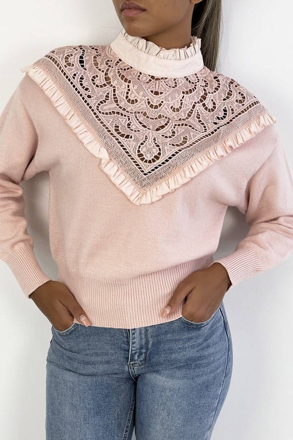 Pull très chic rose poudré à manches longues et col montant ajouré - 5