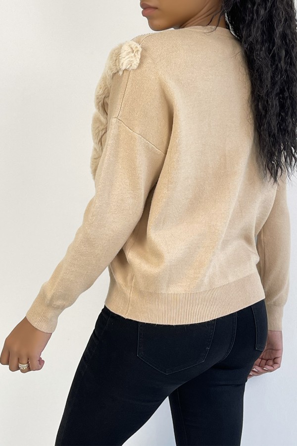 Pull beige à col rond et motif en fausse fourrure et strass - 1