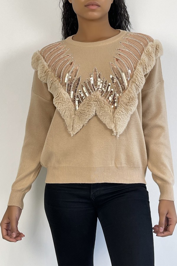 Pull beige à col rond et motif en fausse fourrure et strass - 4