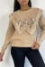 Beige Round Neck Sweater with Faux Fur and Rhinestone Detail | $10.92 | OKKO MODE