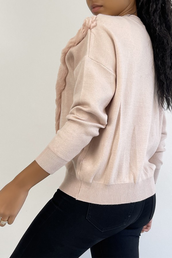 Pull rose à col rond et motif en fausse fourrure et strass - 1