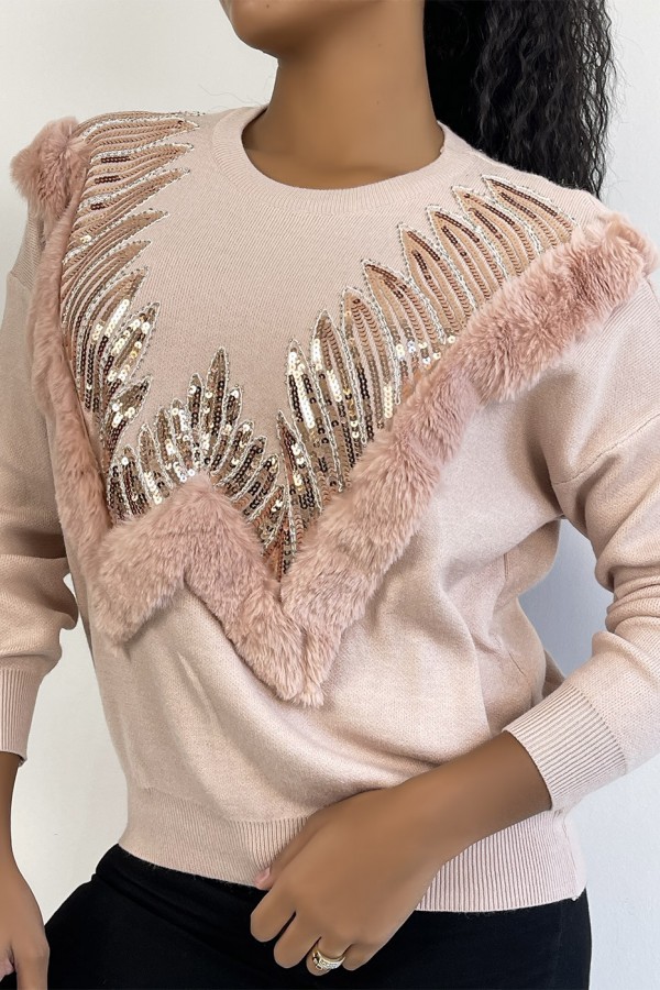 Pull rose à col rond et motif en fausse fourrure et strass - 2