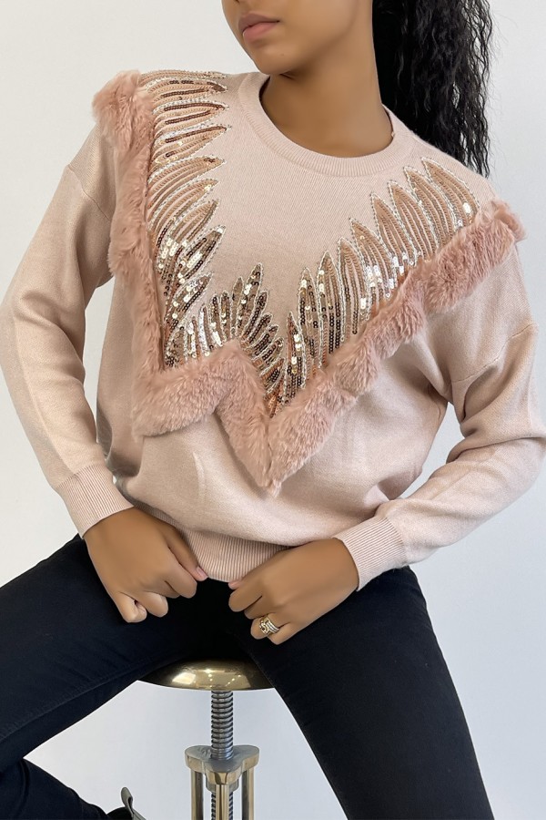 Pull rose à col rond et motif en fausse fourrure et strass - 5