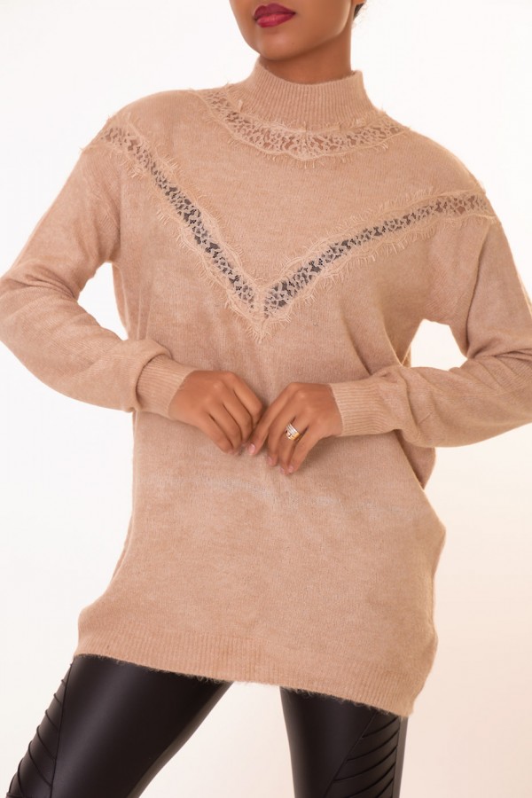 Pull long taupe à motif V en dentelle - 1