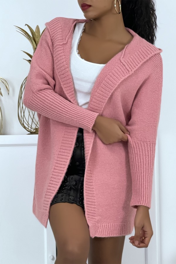 Gilet épais rose à capuche et manches chauve-souris - 6