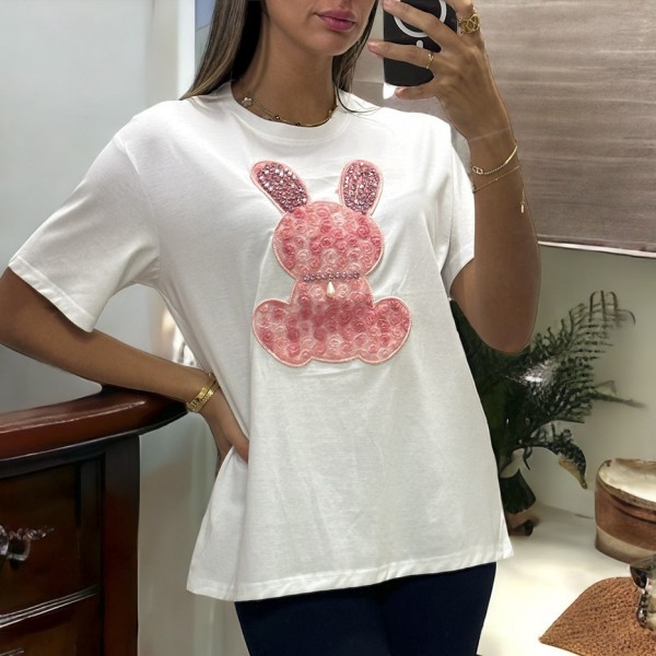 T-shirt over size blanc avec lapin en broderie et strass - 2