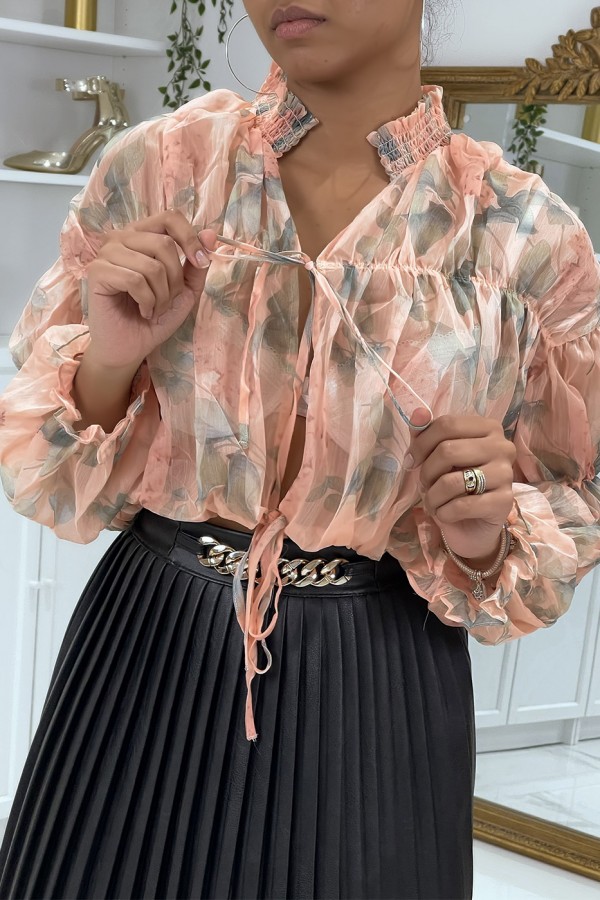 Blouse fleurie à nouer en tulle rose - 5