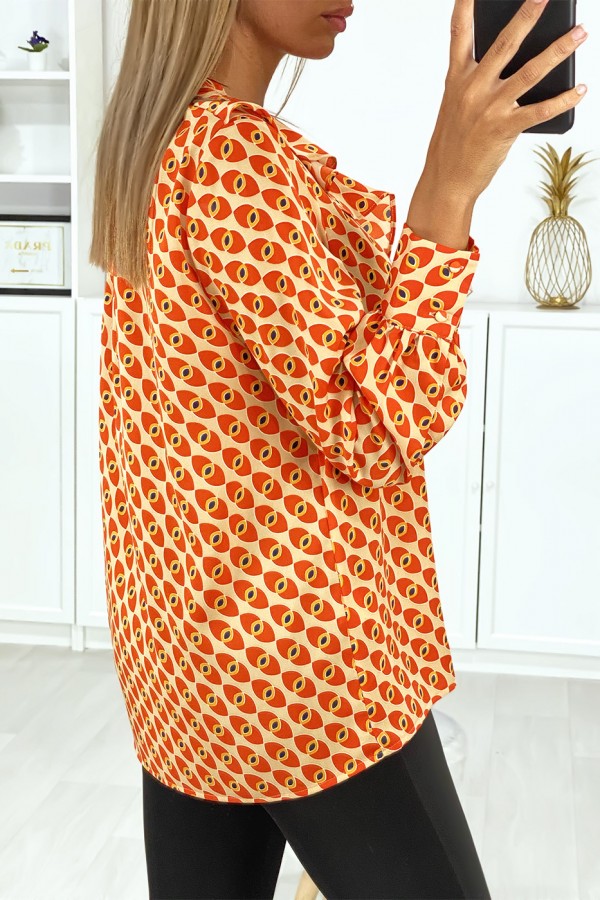 Blouse à motif orange avec volant à l'avant - 4