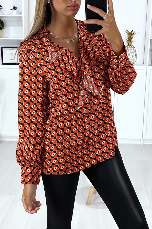 Blouse à motif noir avec volant à l'avant - 3