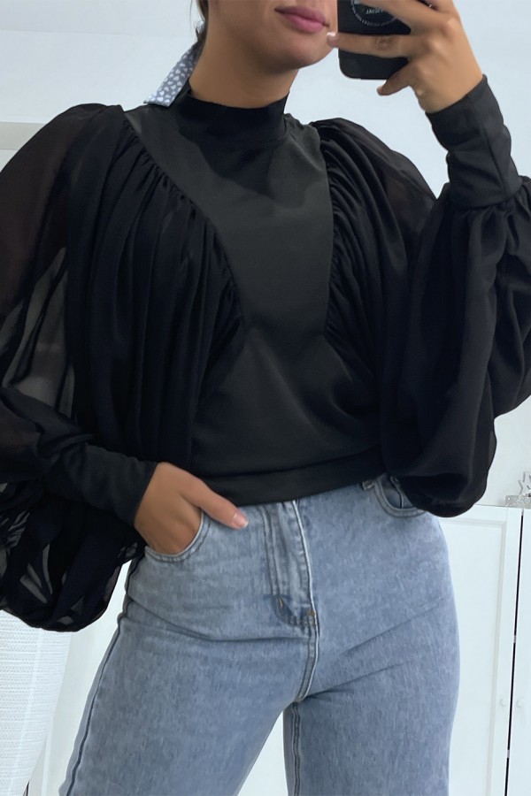 Blouse noire manches bouffantes en voile - 2