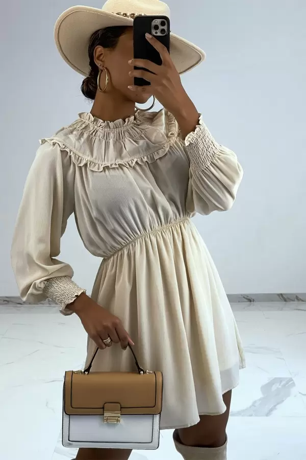 Beige Long Sleeve High Neck Flowy Dress