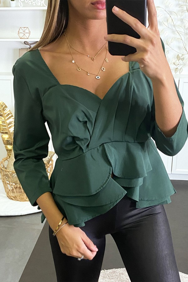 Blouse verte péplum à col et dos plongeant. - 3