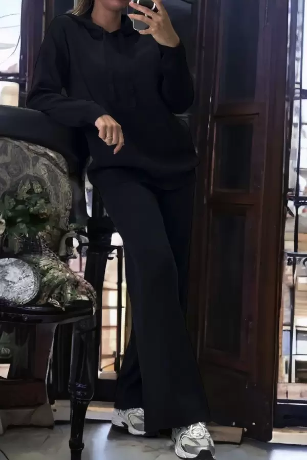 Black Knit Sweater and Palazzo Ensemble with High Stretch