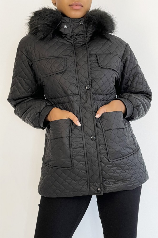 Manteau matelassé multi-poches noir à capuche - 2