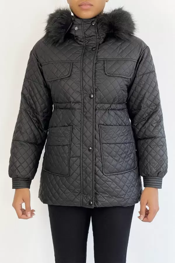 Manteau matelassé multi-poches noir à capuche - 5