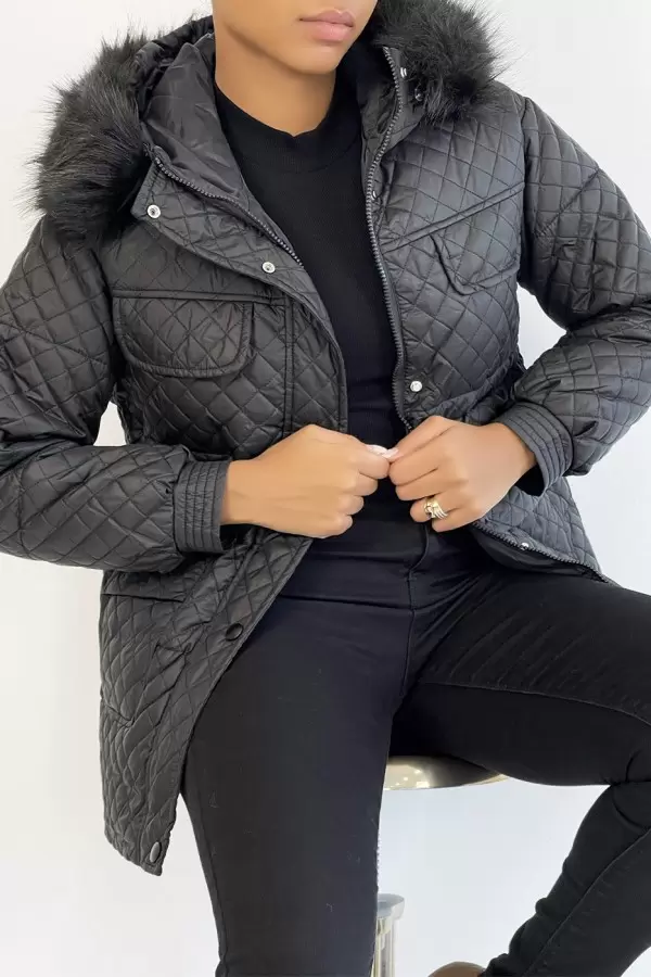 Manteau matelassé multi-poches noir à capuche - 6