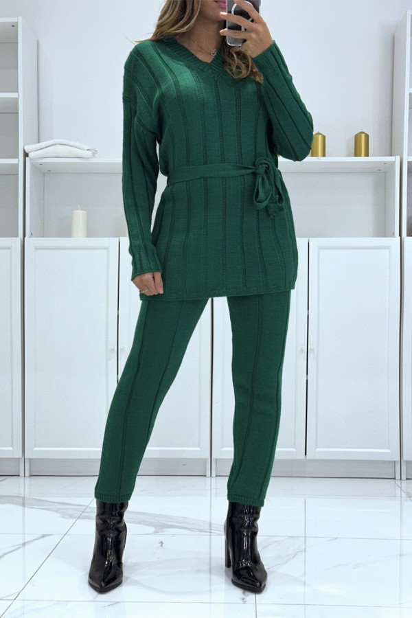 Ensemble pull col v à ceinture et pantalon vert en tricot, très chaud pour l'hiver - 1